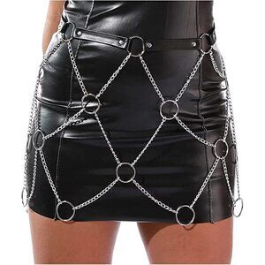 BLACK Leather Waist Metal Chain Skirt Harness Belt Punk  Slave Fetish Bondage NW
